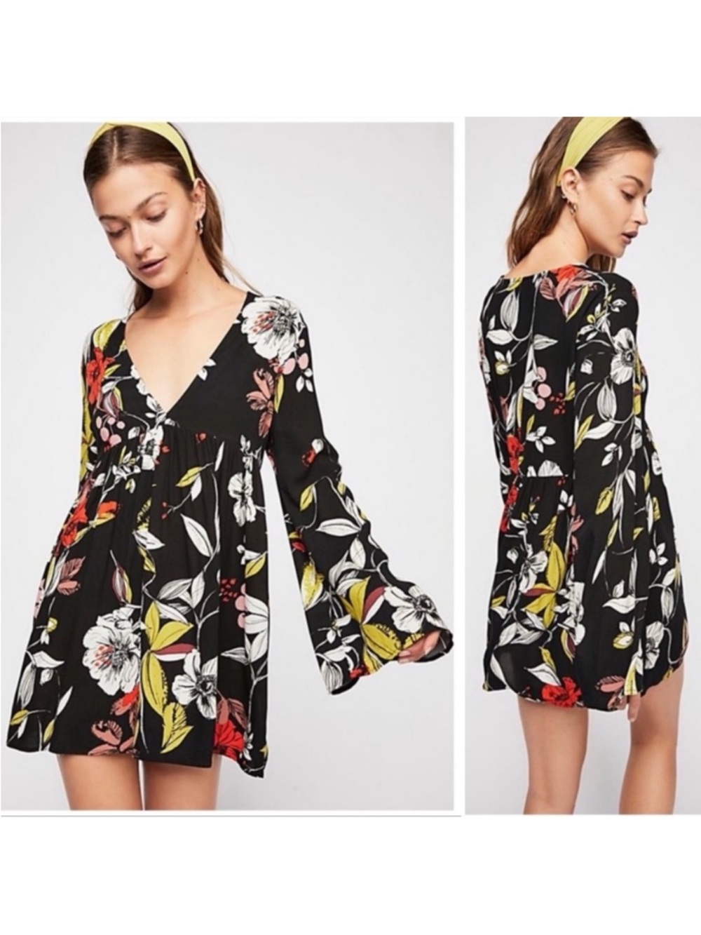Free People Womens Bella Printed Tunic Mini Dress Size S Boho Bell Sleeves Black